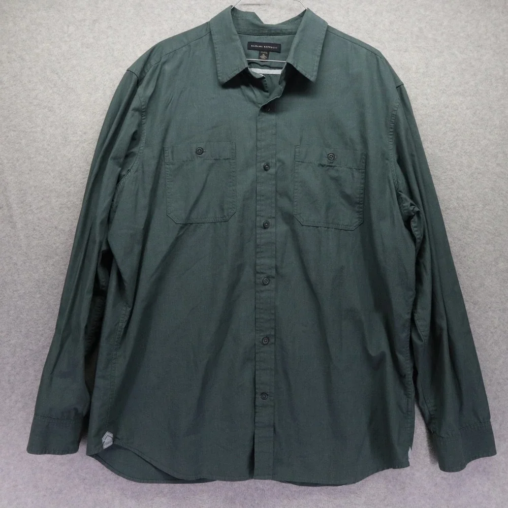 Banana Republic Shirt Mens XL 17-17.5 Casual‎ Pocket Button Up Green Long Sleeve